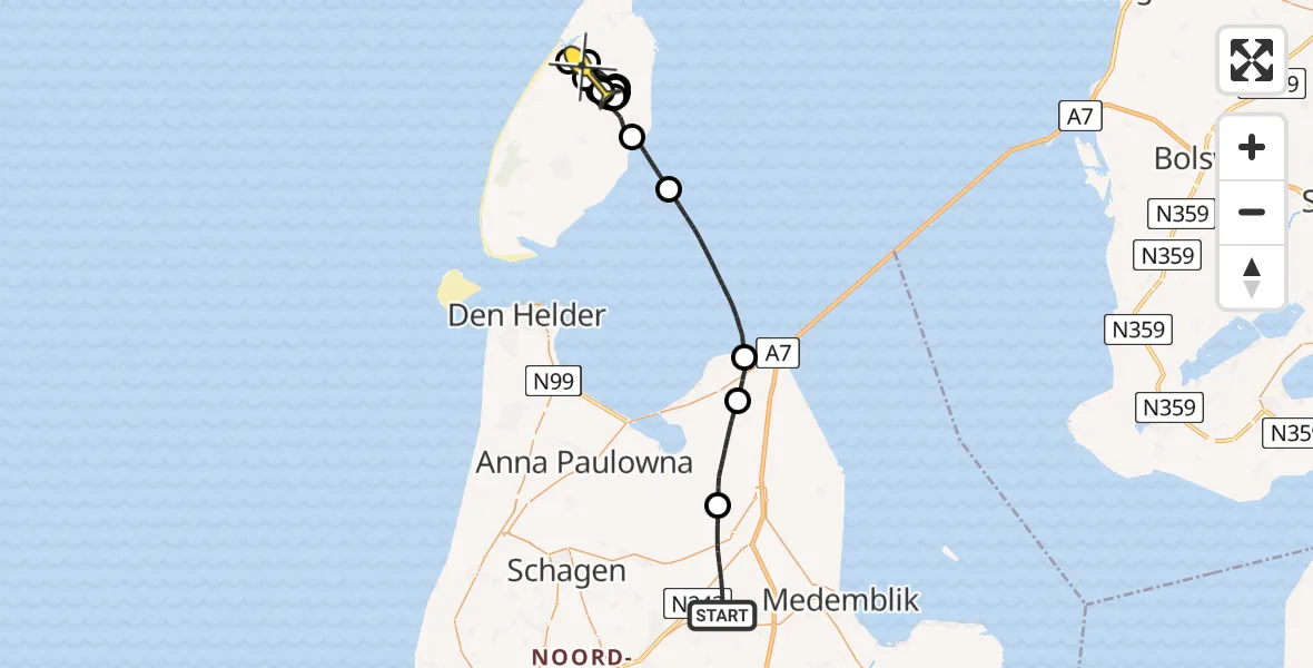 Routekaart van de vlucht: Politiehelikopter naar Texel International Airport, Oudelanderweg