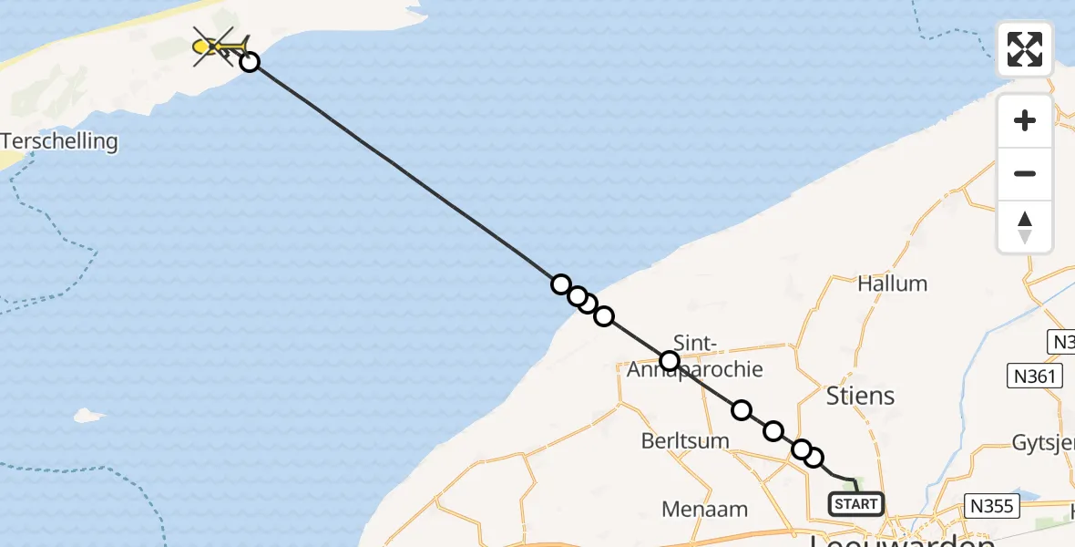 Vluchtroute Ambulancehelikopter van Vliegbasis Leeuwarden naar Hoorn