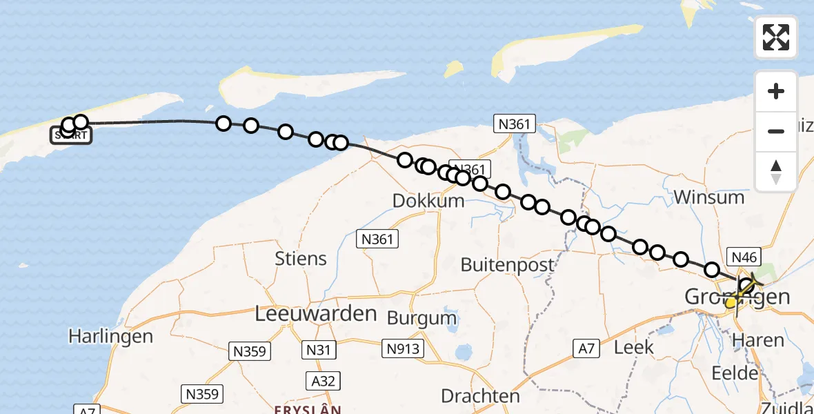 Vluchtroute Ambulancehelikopter van Hoorn naar Universitair Medisch Centrum Groningen