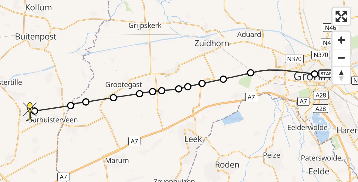 Routekaart van de vlucht: Ambulancehelikopter naar Harkema, Poortweg