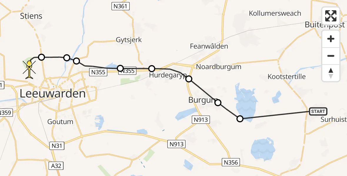 Routekaart van de vlucht: Ambulancehelikopter naar Vliegbasis Leeuwarden, Lijkelemareed