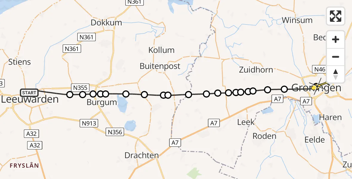Routekaart van de vlucht: Lifeliner 4 naar Universitair Medisch Centrum Groningen, Siebe Schootstrastraat