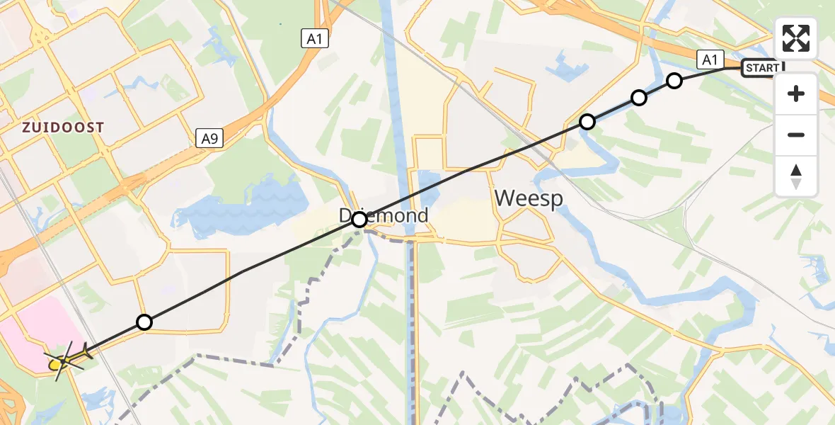 Routekaart van de vlucht: Lifeliner 3 naar Academisch Medisch Centrum (AMC), Lange Muiderweg