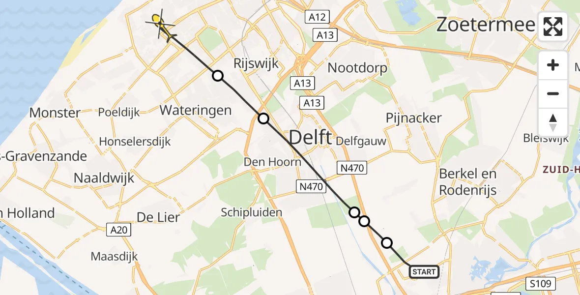 Routekaart van de vlucht: Lifeliner 2 naar Den Haag, Hofweg