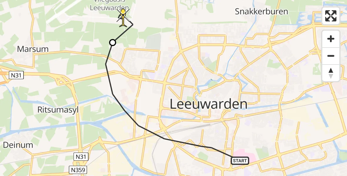 Routekaart van de vlucht: Ambulancehelikopter naar Vliegbasis Leeuwarden, Aldlânsdyk