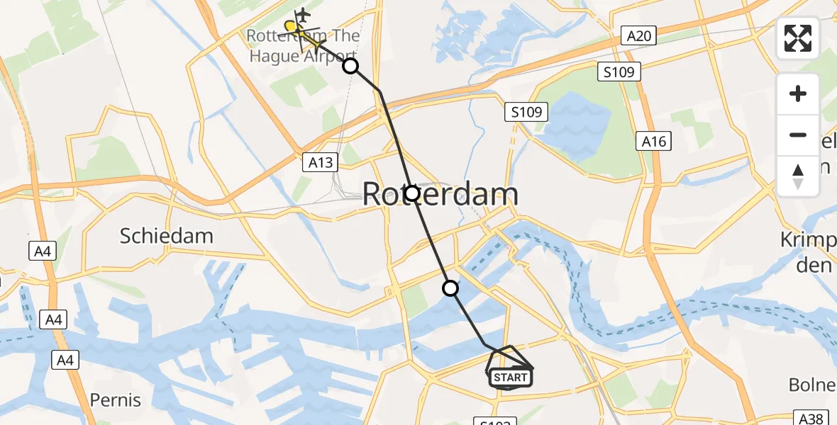 Routekaart van de vlucht: Politiehelikopter naar Rotterdam The Hague Airport, Seringenstraat