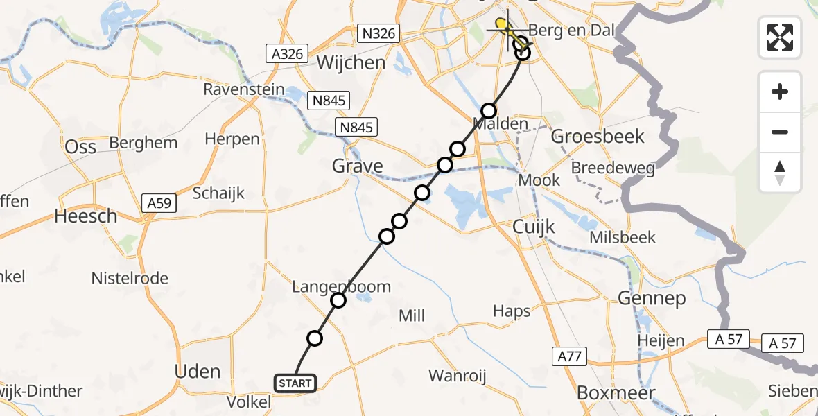 Routekaart van de vlucht: Lifeliner 3 naar Radboud Universitair Medisch Centrum, Zeelandsedijk