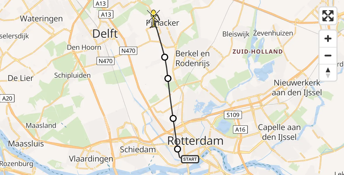 Routekaart van de vlucht: Lifeliner 1 naar Pijnacker, Heemraadssingel