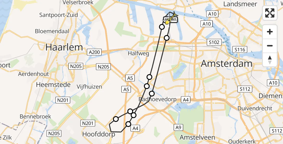 Routekaart van de vlucht: Lifeliner 1 naar Amsterdam Heliport, Nieuw-Zeelandweg