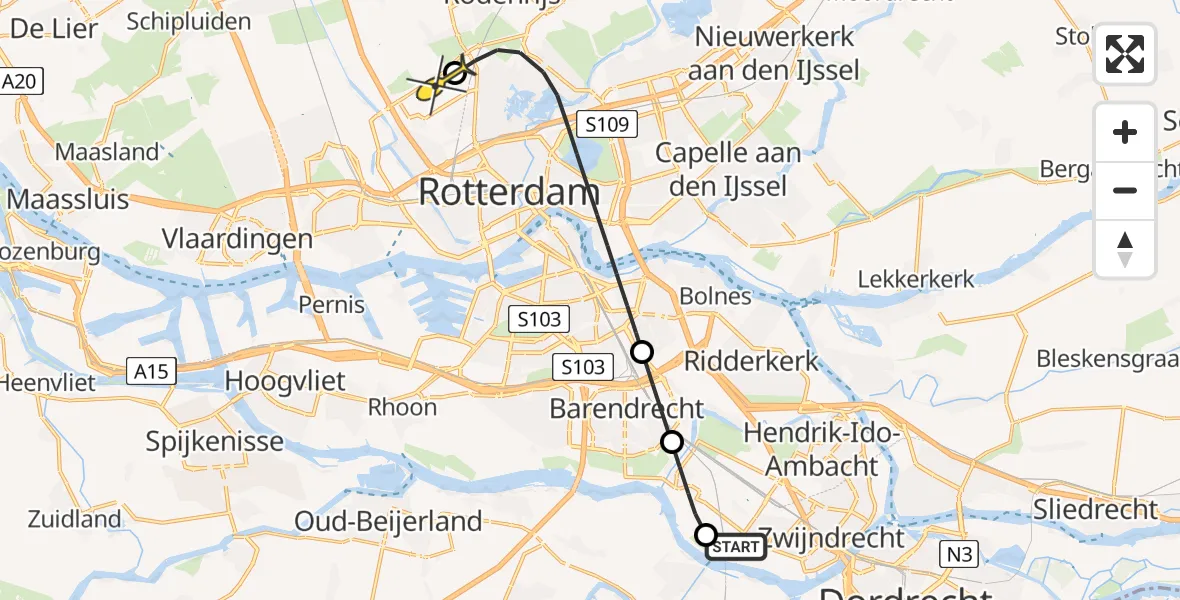 Routekaart van de vlucht: Lifeliner 2 naar Rotterdam The Hague Airport, Lindtsedijk