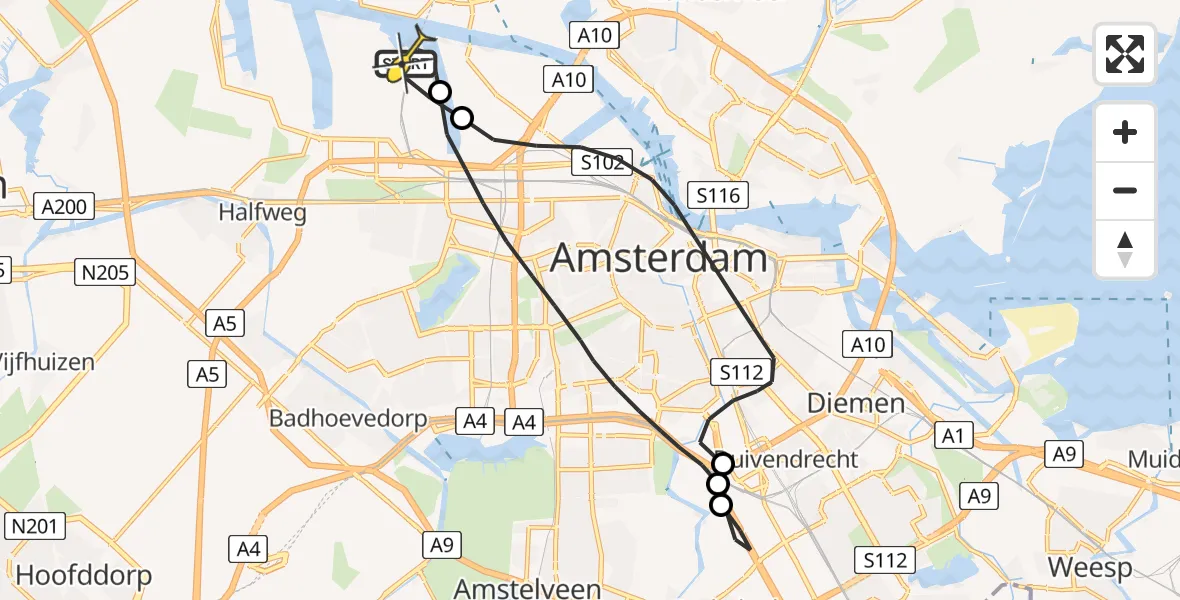 Routekaart van de vlucht: Lifeliner 1 naar Amsterdam Heliport, Maltaweg