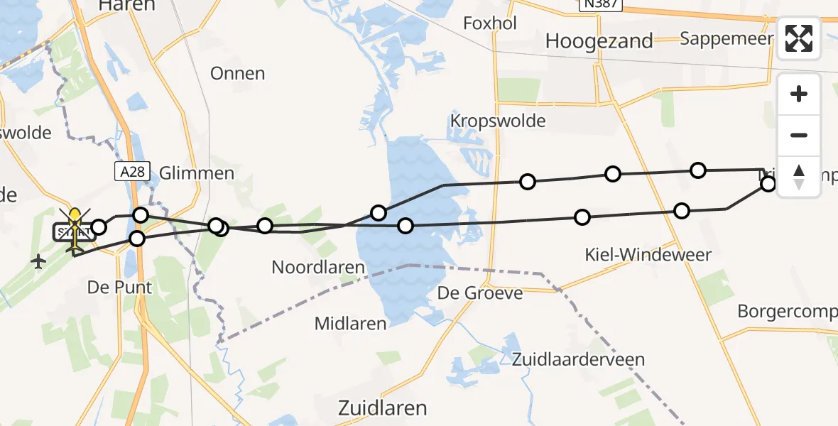 Routekaart van de vlucht: Lifeliner 4 naar Groningen Airport Eelde, Burgemeester J.G. Legroweg