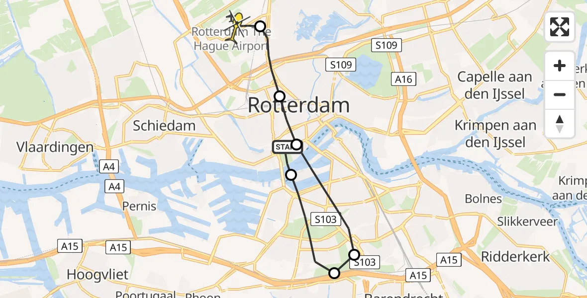 Routekaart van de vlucht: Lifeliner 2 naar Rotterdam The Hague Airport, 3e Katendrechtsehoofd