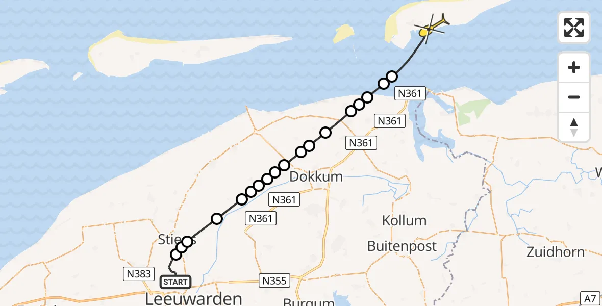 Routekaart van de vlucht: Ambulanceheli naar Schiermonnikoog, Keegsdijkje