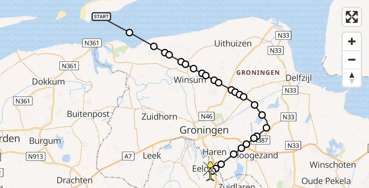 Routekaart van de vlucht: Ambulanceheli naar Groningen Airport Eelde, Veerdam