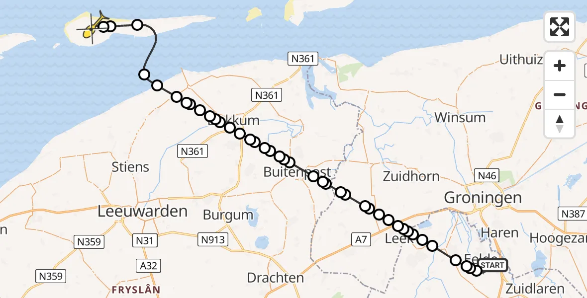 Routekaart van de vlucht: Ambulanceheli naar Ameland Airport Ballum, Machlaan