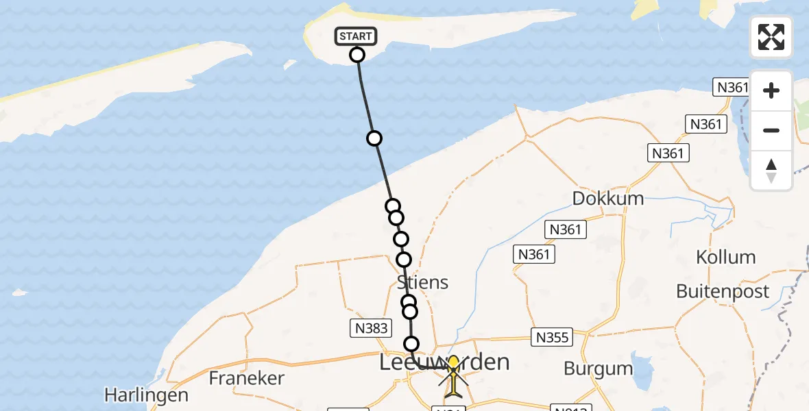 Routekaart van de vlucht: Ambulanceheli naar Leeuwarden, Jelmeraweg