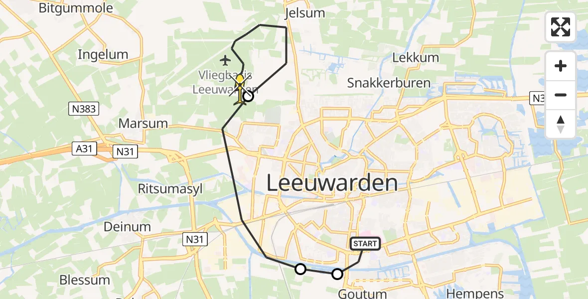 Routekaart van de vlucht: Ambulancehelikopter naar Vliegbasis Leeuwarden, Boksumerdyk