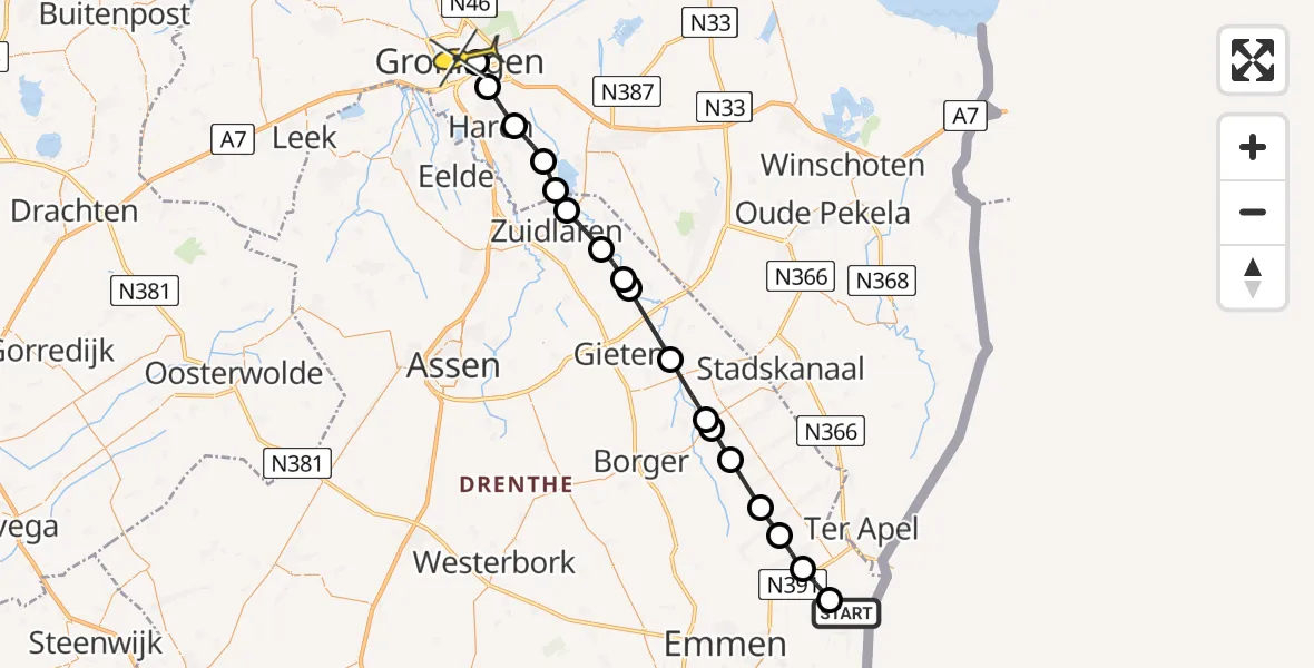 Routekaart van de vlucht: Lifeliner 4 naar Universitair Medisch Centrum Groningen, Schuttingslaan