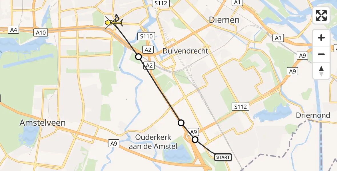 Routekaart van de vlucht: Lifeliner 1 naar Amsterdam, Sijsjesbergweg