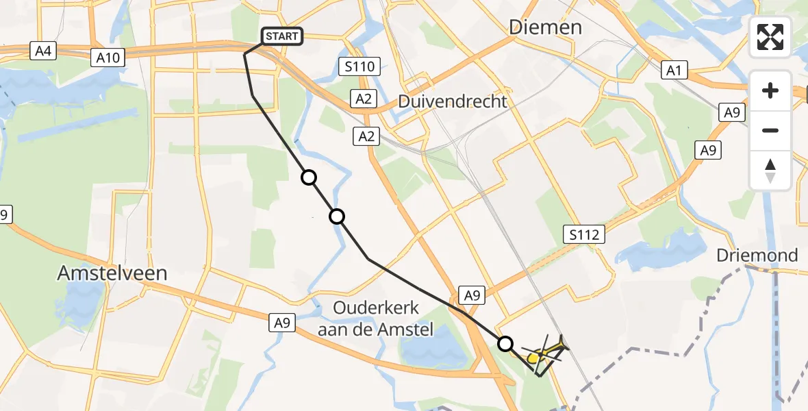 Routekaart van de vlucht: Lifeliner 1 naar Academisch Medisch Centrum (AMC), Oldengaarde