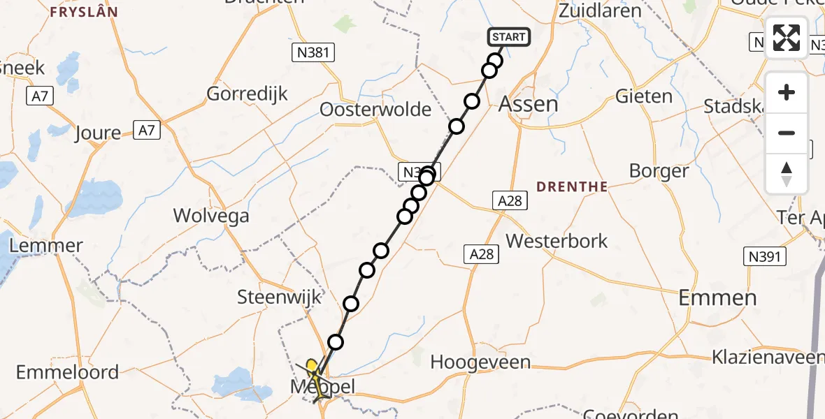 Routekaart van de vlucht: Lifeliner 4 naar Meppel, Noorder Westerseveldsloot