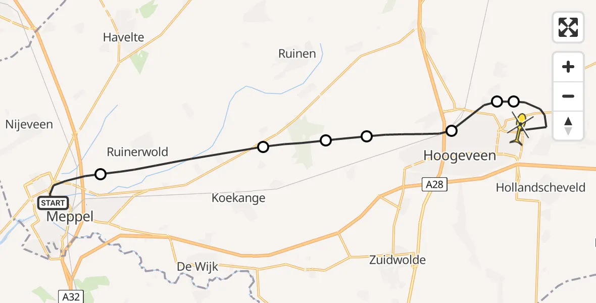 Routekaart van de vlucht: Lifeliner 4 naar Vliegveld Hoogeveen, Loberingemaat