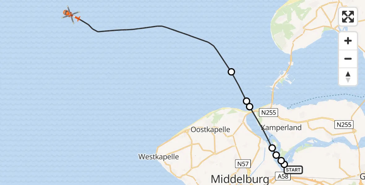 Vluchtroute Kustwachthelikopter Vliegveld Midden-Zeeland - , 25 mei 2025, 11:09
