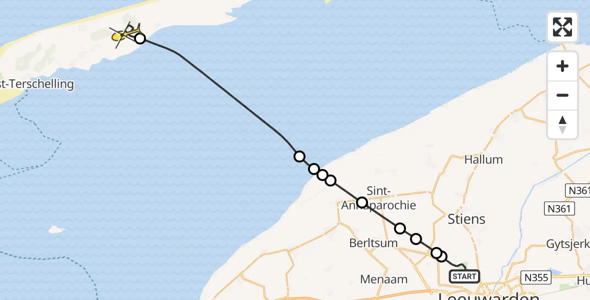 Vluchtroute Ambulancehelikopter van Vliegbasis Leeuwarden naar Hoorn