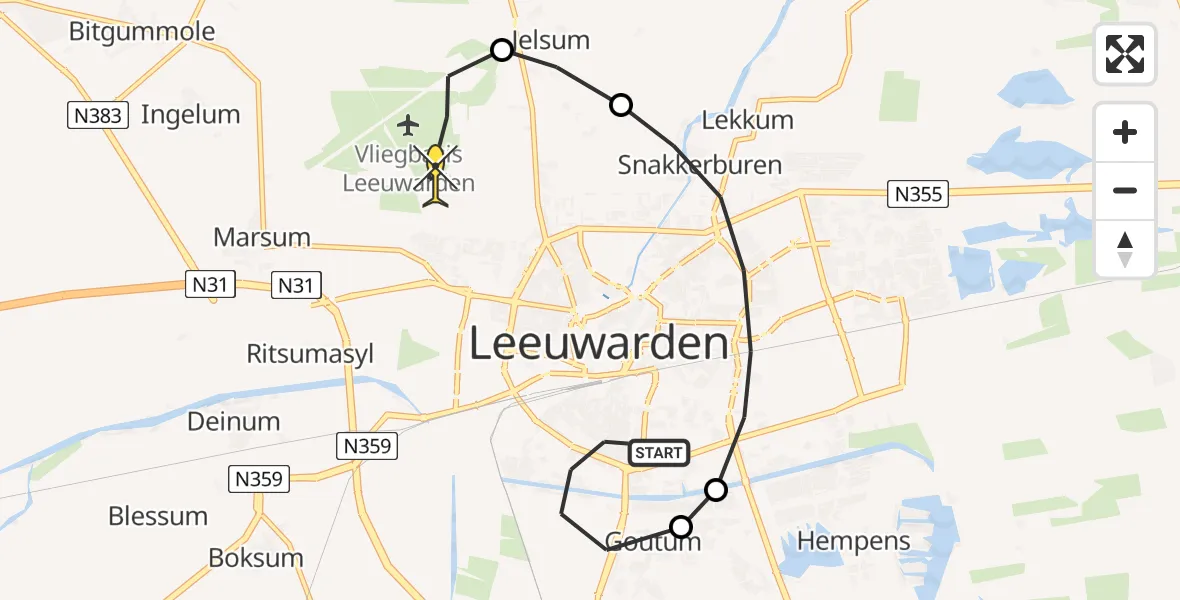 Routekaart van de vlucht: Ambulanceheli naar Vliegbasis Leeuwarden, Prinsessenweg