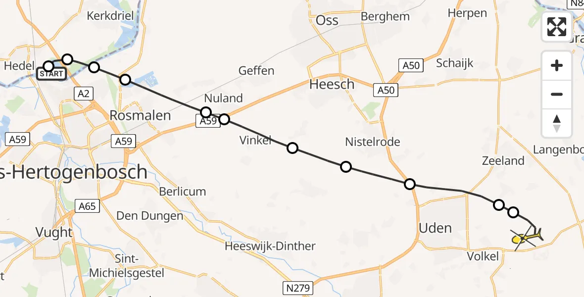 Routekaart van de vlucht: Lifeliner 3 naar Vliegbasis Volkel, Hoenzadrielsedijk