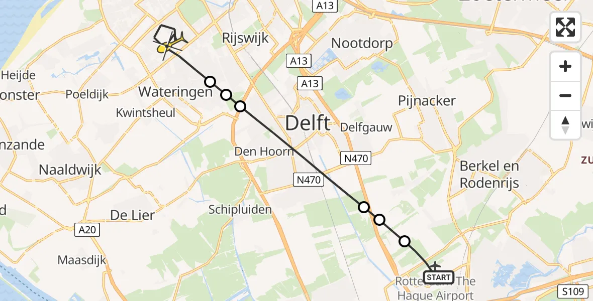 Routekaart van de vlucht: Lifeliner 2 naar Den Haag, Schieveense polder