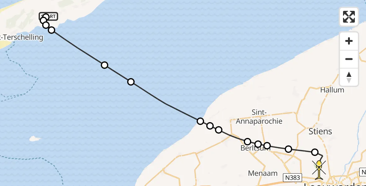 Routekaart van de vlucht: Ambulanceheli naar Vliegbasis Leeuwarden, Kinnum