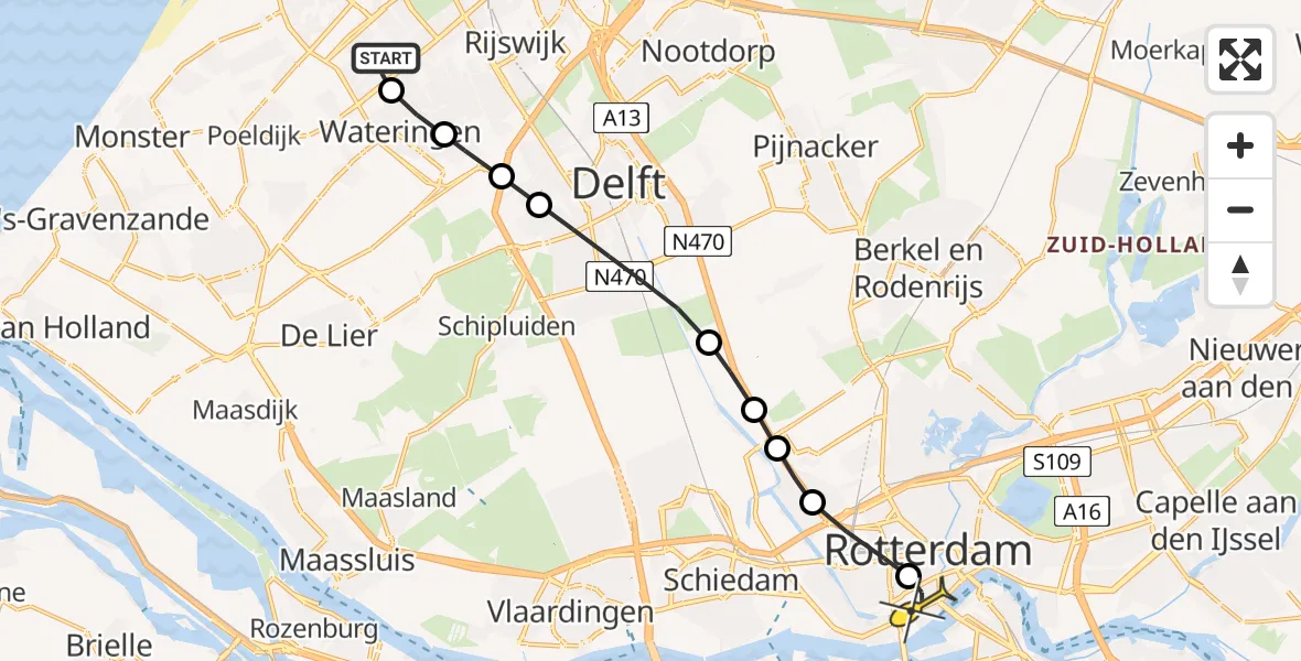 Routekaart van de vlucht: Lifeliner 2 naar Erasmus MC, Prins Clausstraat