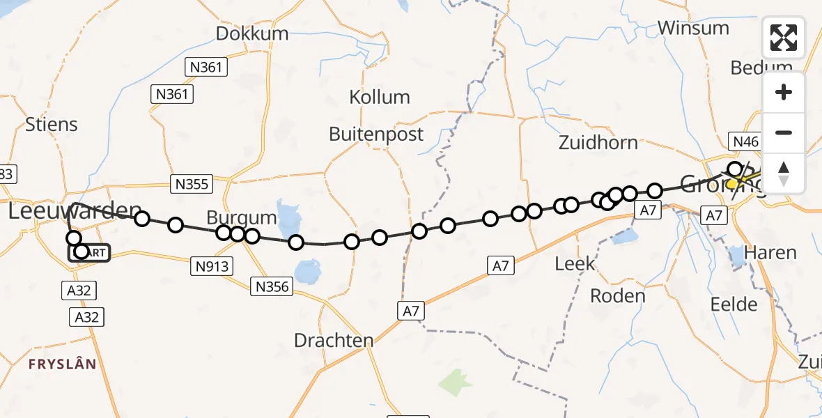 Routekaart van de vlucht: Lifeliner 4 naar Universitair Medisch Centrum Groningen, Brédyk