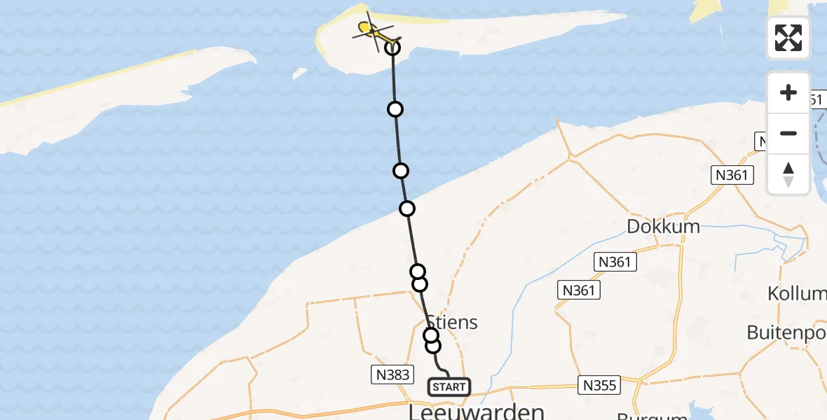 Routekaart van de vlucht: Ambulanceheli naar Ameland Airport Ballum, Keegsdijkje