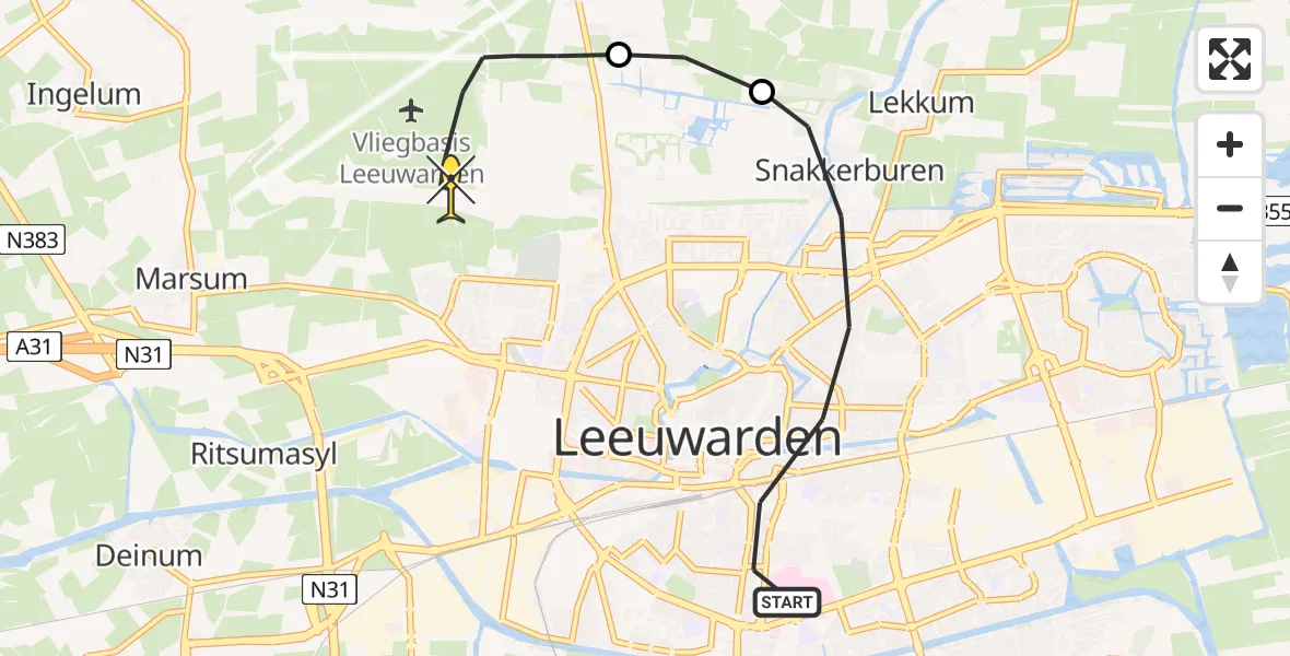 Routekaart van de vlucht: Ambulanceheli naar Vliegbasis Leeuwarden, Hoekemastraat