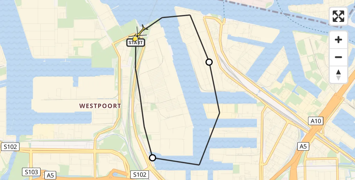 Routekaart van de vlucht: Lifeliner 1 naar Amsterdam Heliport, Rhodosweg