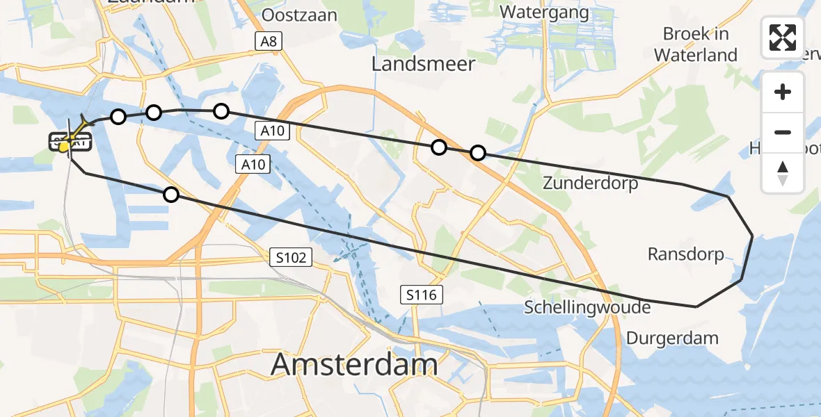 Routekaart van de vlucht: Lifeliner 1 naar Amsterdam Heliport, Westhaven
