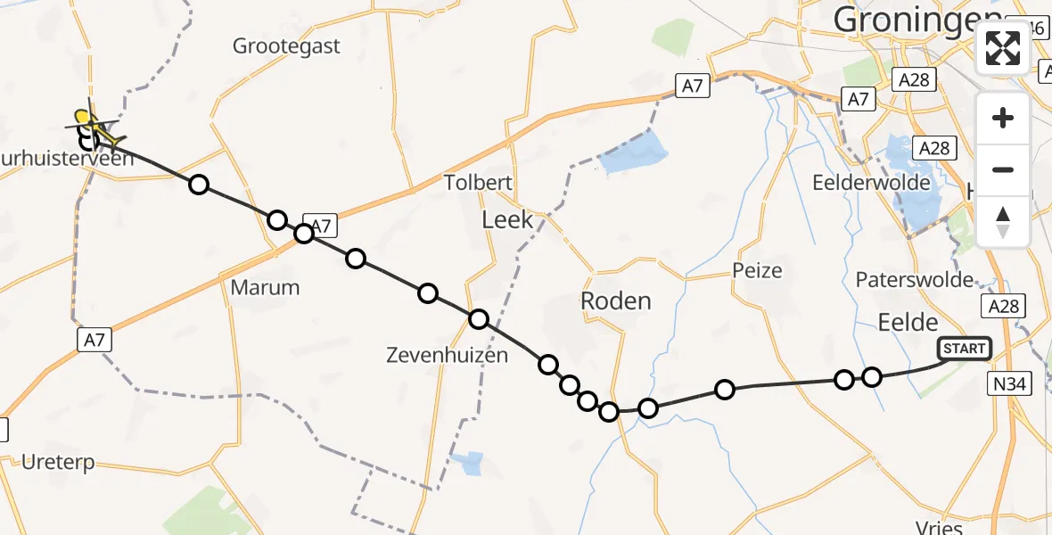 Routekaart van de vlucht: Lifeliner 4 naar Surhuizum, Veldkampweg