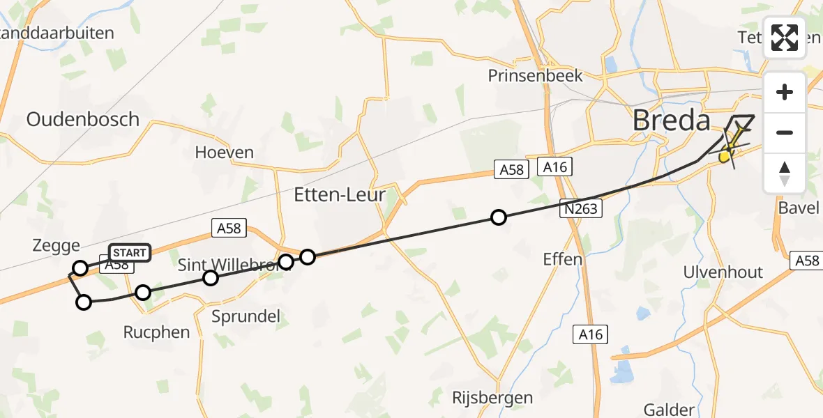 Routekaart van de vlucht: Lifeliner 3 naar Breda, Pastoor van Breugelstraat