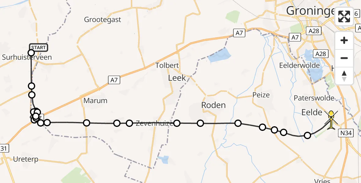 Routekaart van de vlucht: Lifeliner 4 naar Groningen Airport Eelde, De Leijen