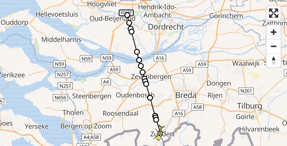 Routekaart van de vlucht: Lifeliner 2 naar Zundert, Rucphenseweg
