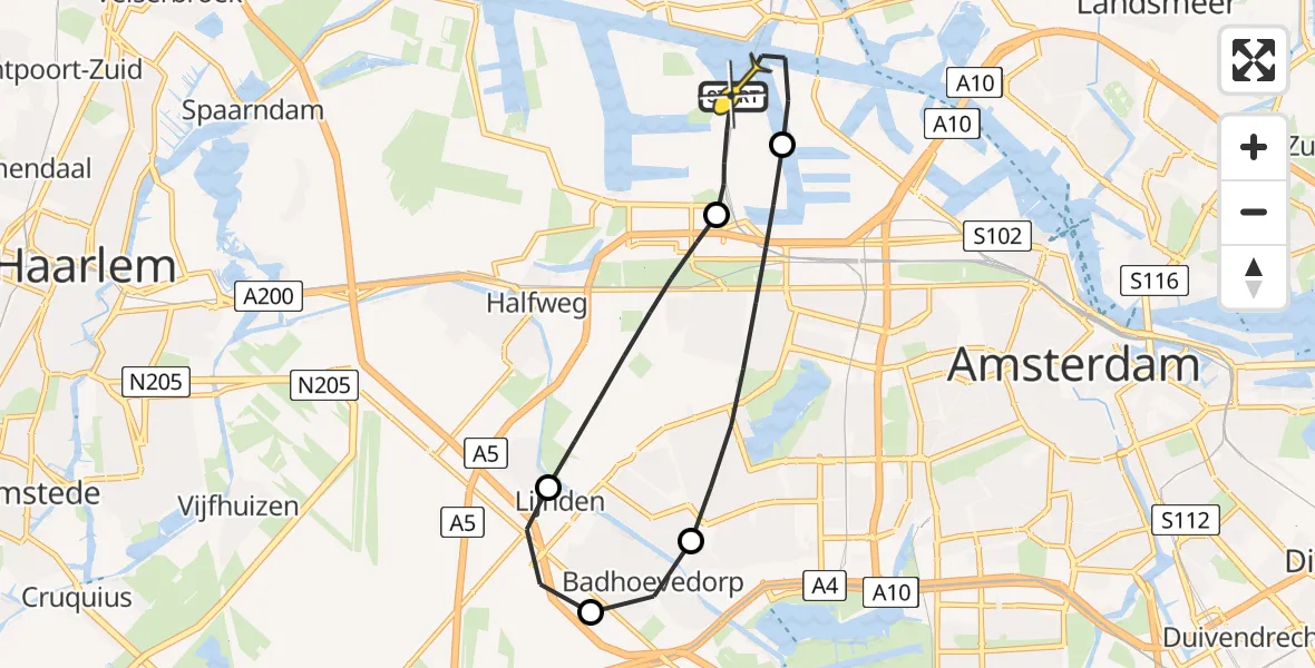 Routekaart van de vlucht: Lifeliner 1 naar Amsterdam Heliport, Hornweg