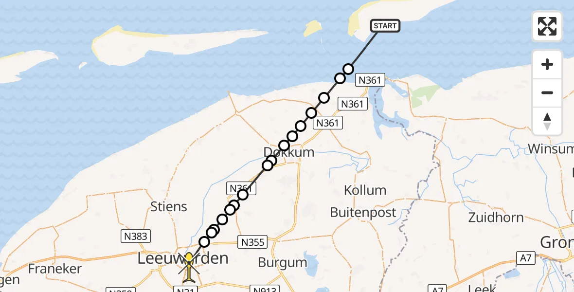 Routekaart van de vlucht: Ambulancehelikopter naar Leeuwarden, Reegeul