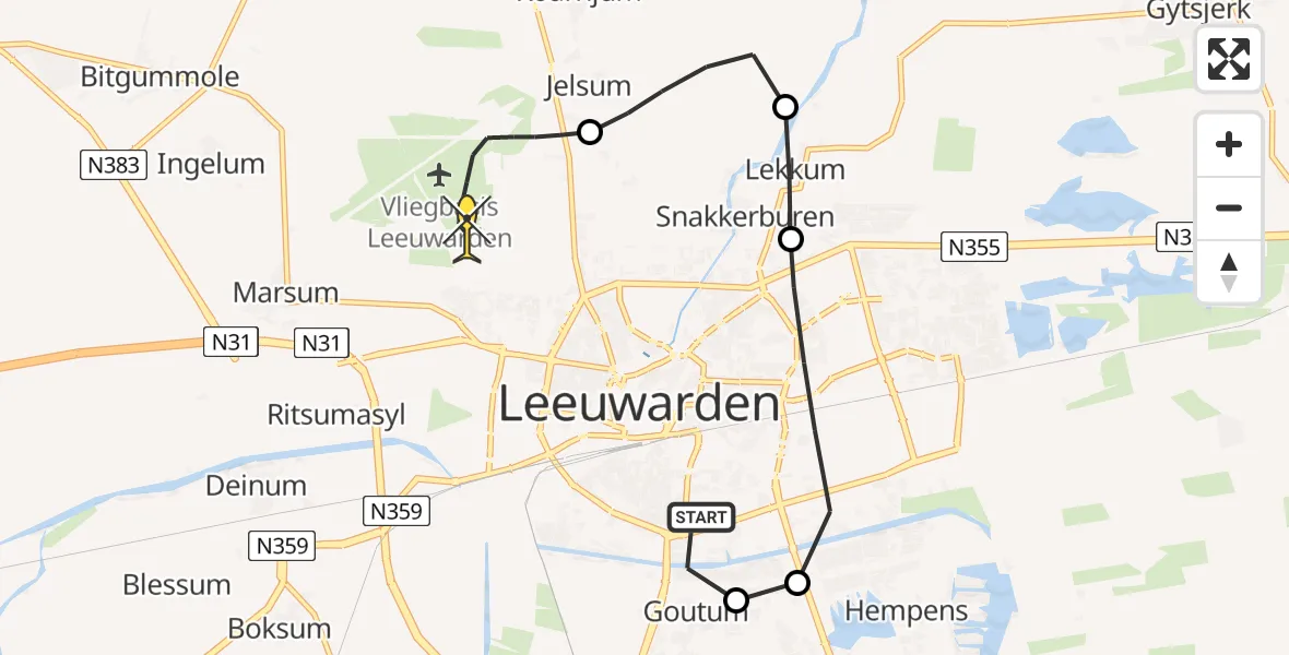 Routekaart van de vlucht: Ambulancehelikopter naar Vliegbasis Leeuwarden, De Tolve