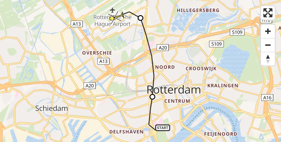 Routekaart van de vlucht: Lifeliner 2 naar Rotterdam The Hague Airport, 's-Gravendijkwal