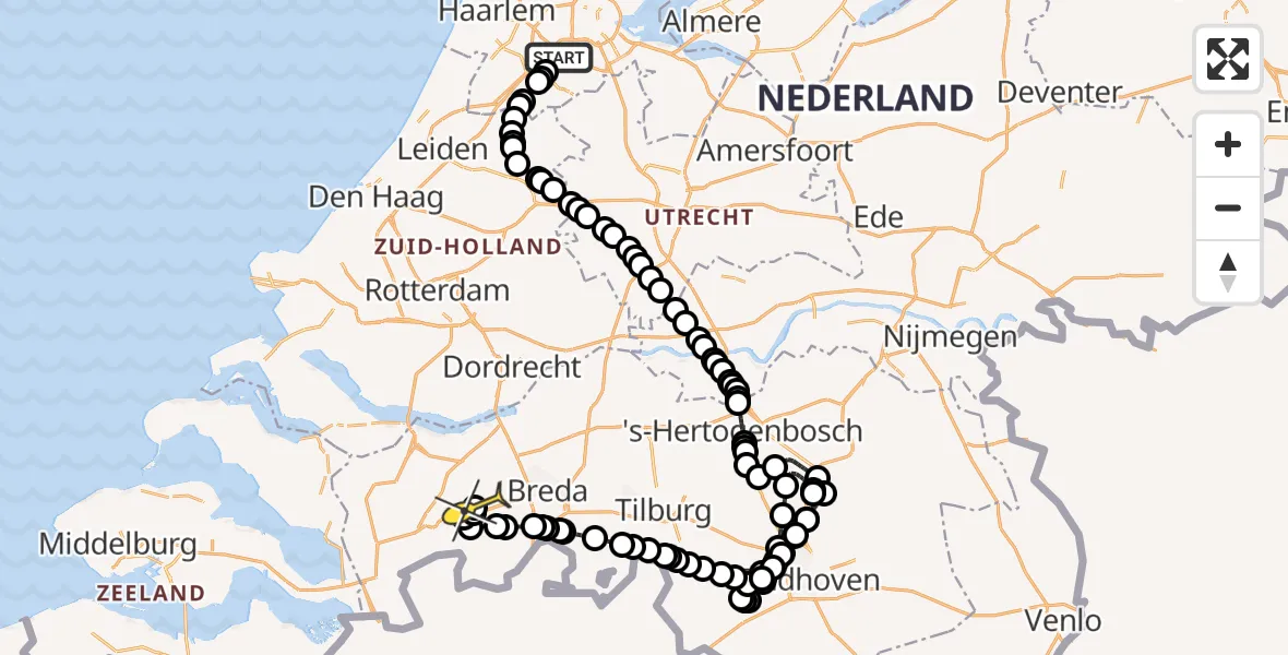 Routekaart van de vlucht: Politieheli naar Hoeven, E.L.T.A. straat