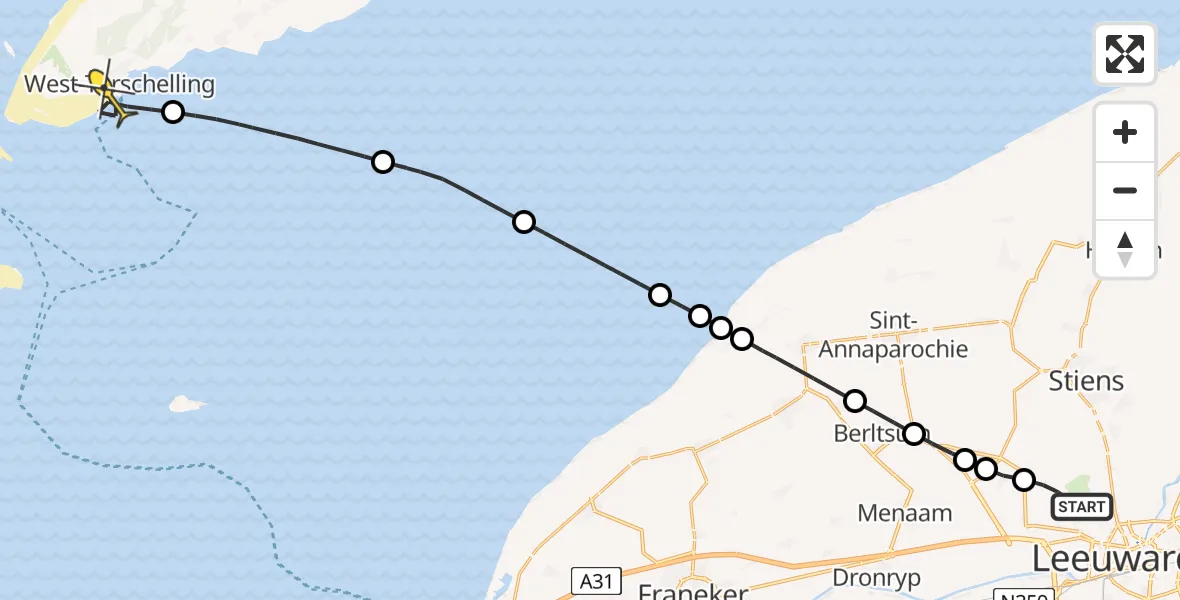Routekaart van de vlucht: Ambulancehelikopter naar West-Terschelling, Keegsdijkje