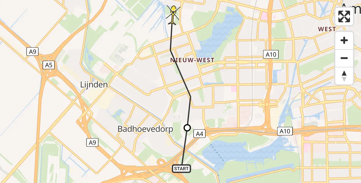Routekaart van de vlucht: Politiehelikopter naar Amsterdam, Sportpark Sloten